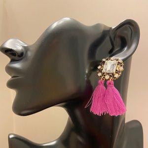 Crystal pierced earrings with magenta tassels